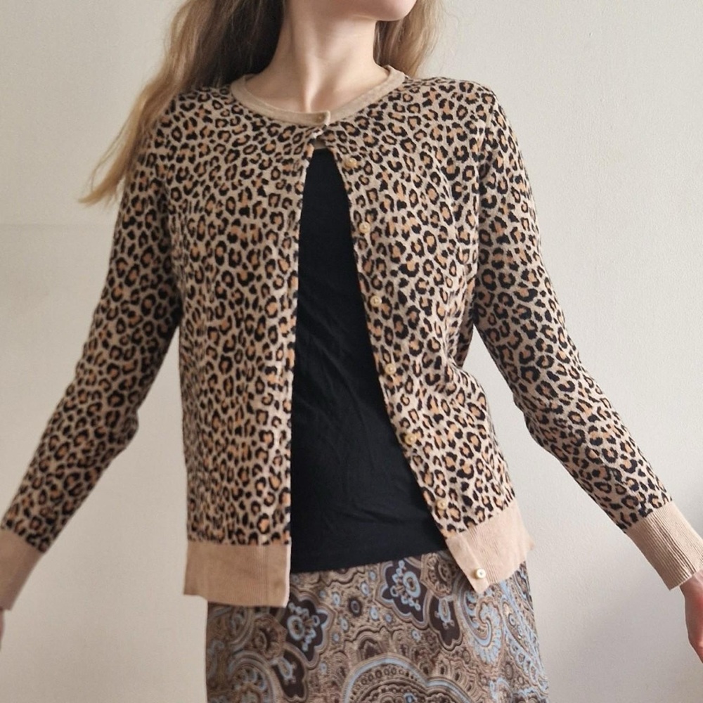Merona Brown Black Cheetah Leopard Pattern Cotton Button Down Cardigan Sweater M